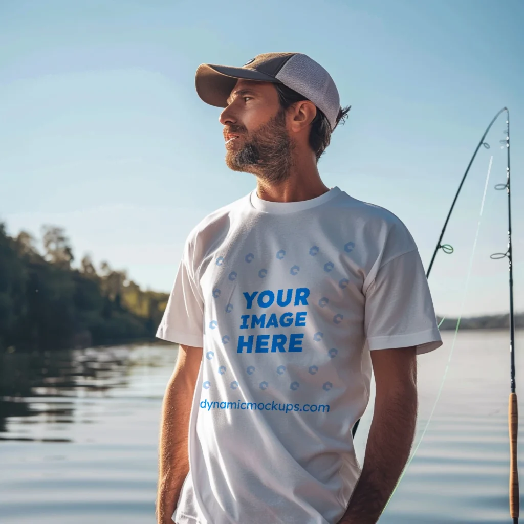 Man Wearing White T-shirt Mockup Front View Template