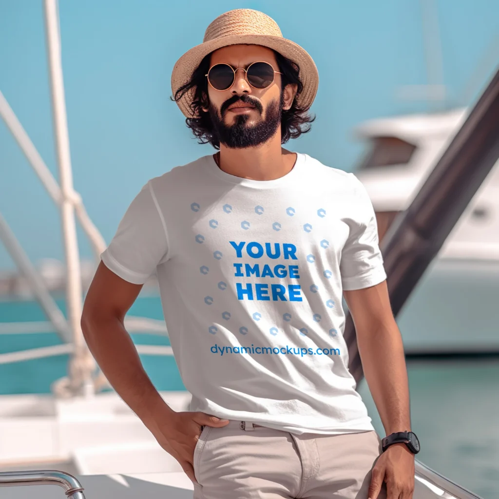 Man Wearing White T-shirt Mockup Front View Template