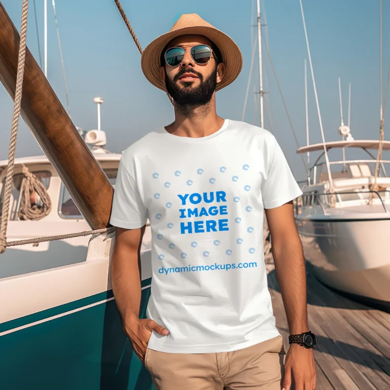 Man Wearing White T-shirt Mockup Front View Template