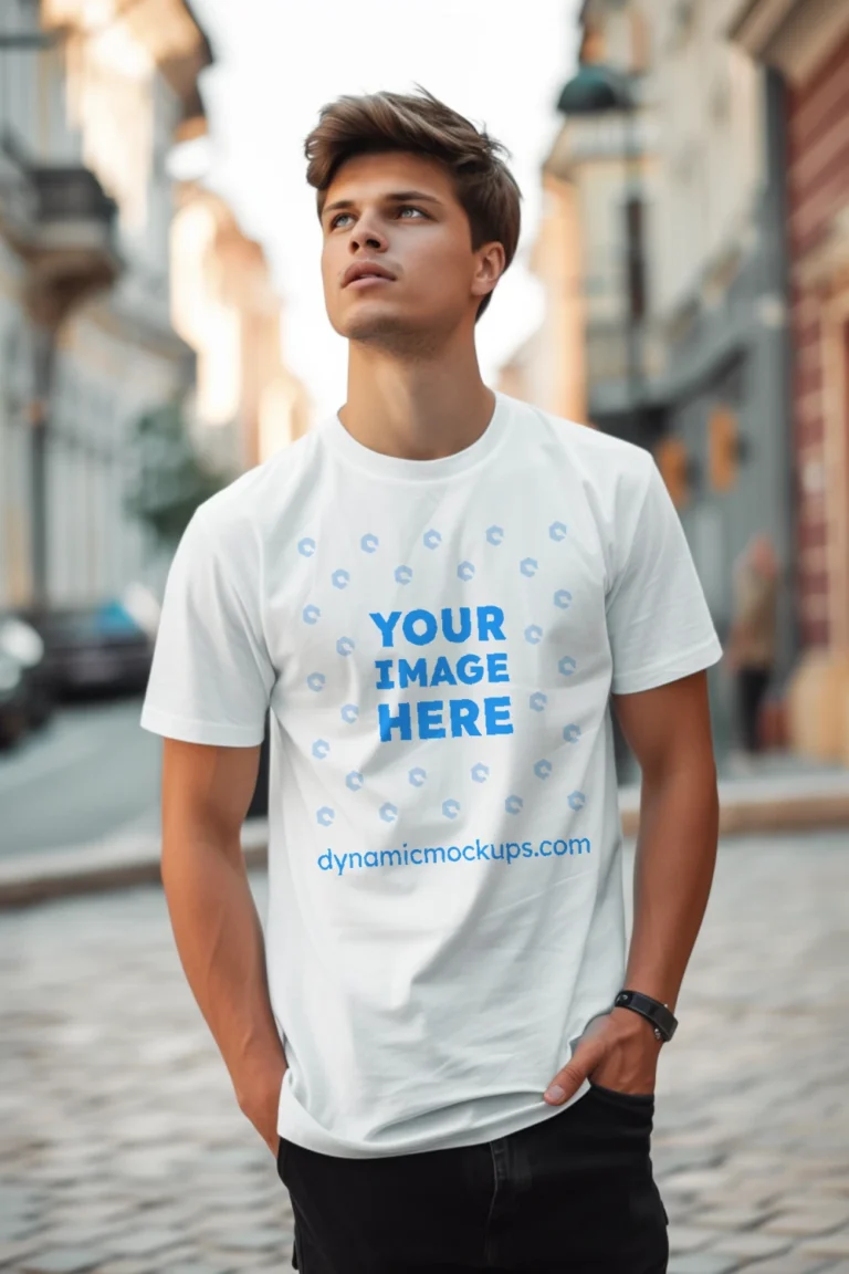 Man Wearing White T-shirt Mockup Front View Template