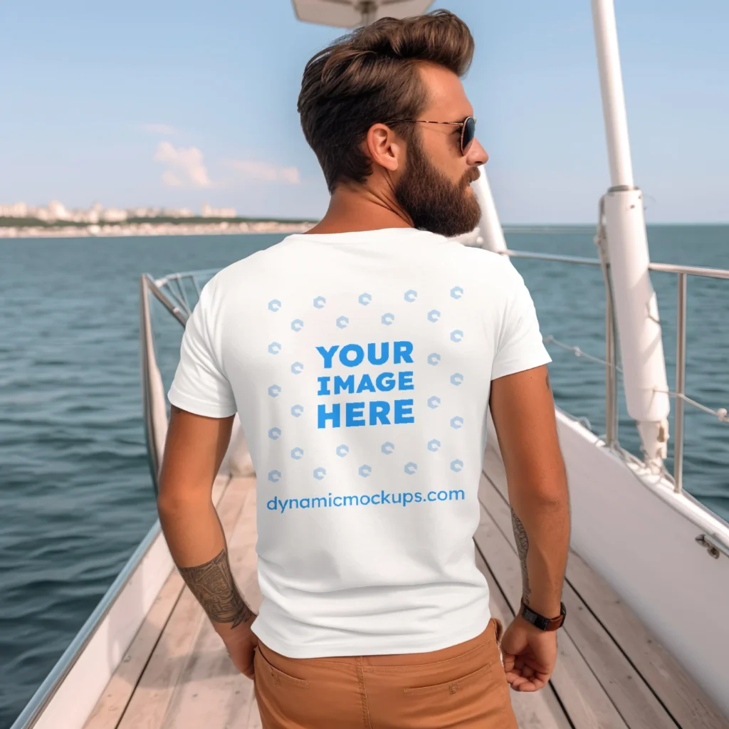 Man Wearing White T-shirt Mockup Back View Template