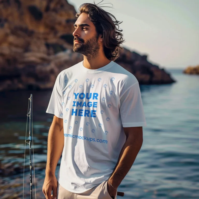 Man Wearing White T-shirt Mockup Front View Template