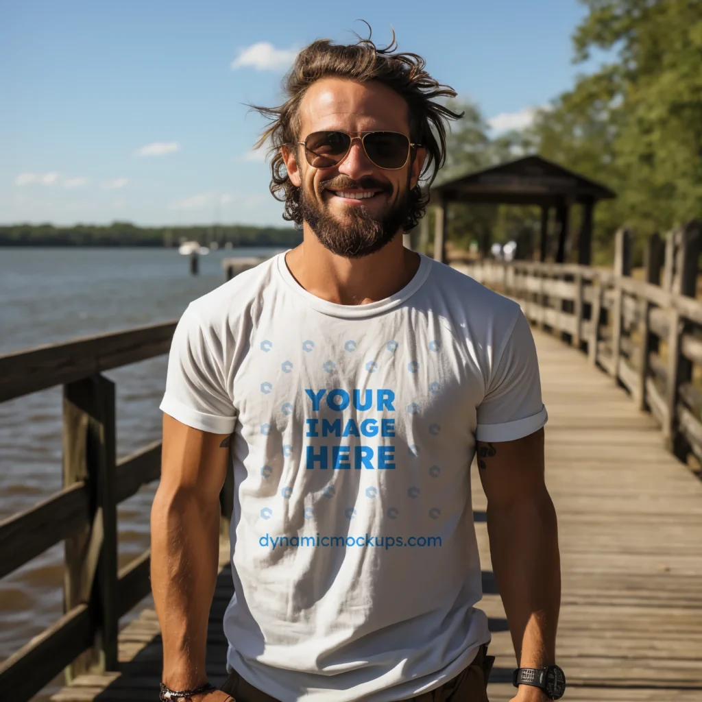 Man Wearing White T-shirt Mockup Front View Template