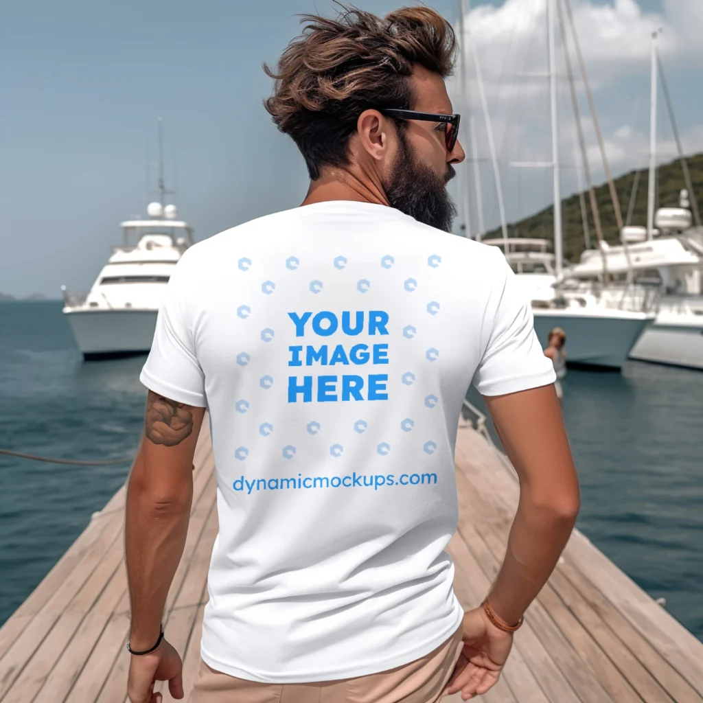 Man Wearing White T-shirt Mockup Back View Template