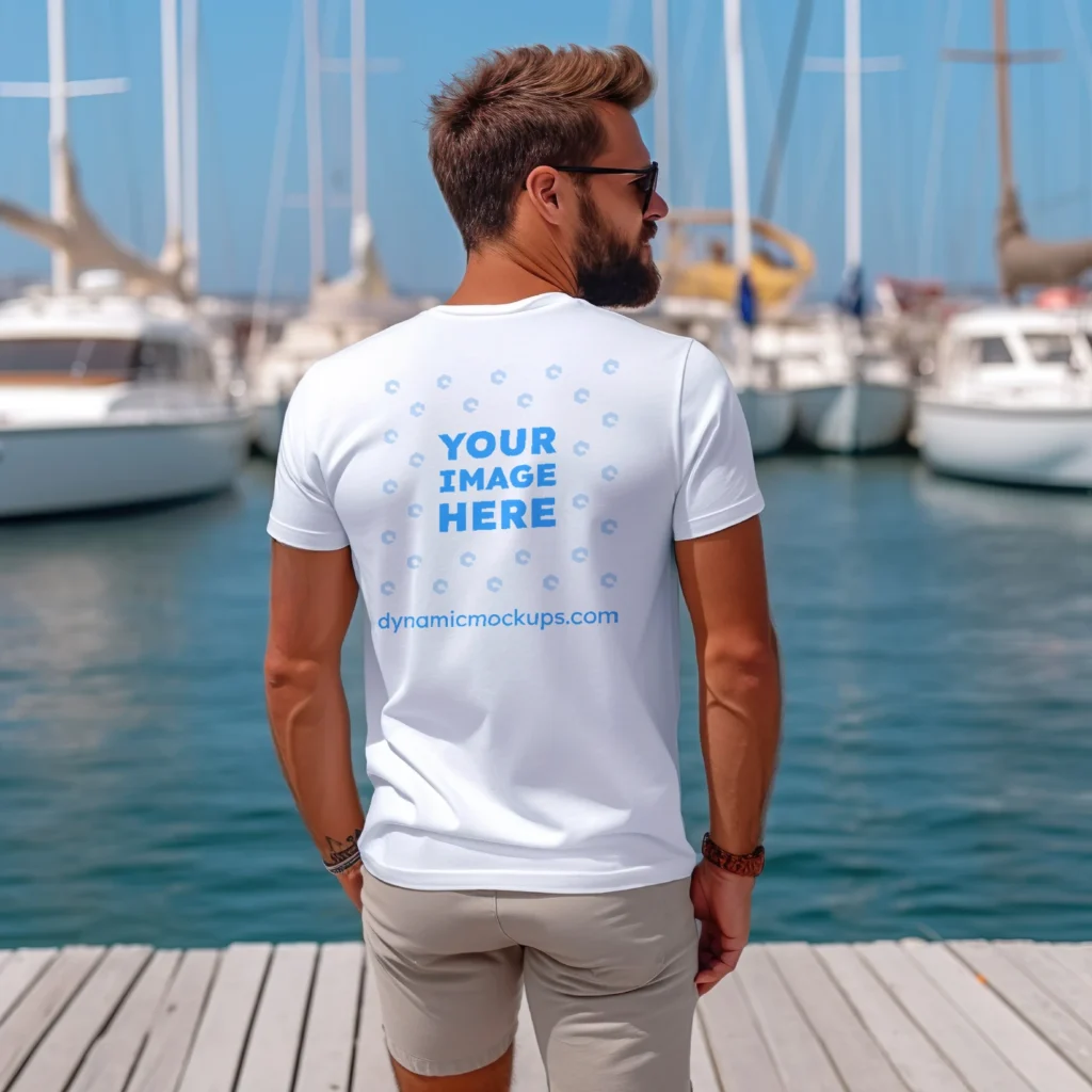 Man Wearing White T-shirt Mockup Back View Template