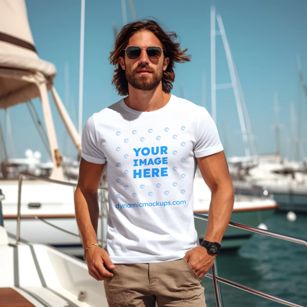 Man Wearing White T-shirt Mockup Front View Template