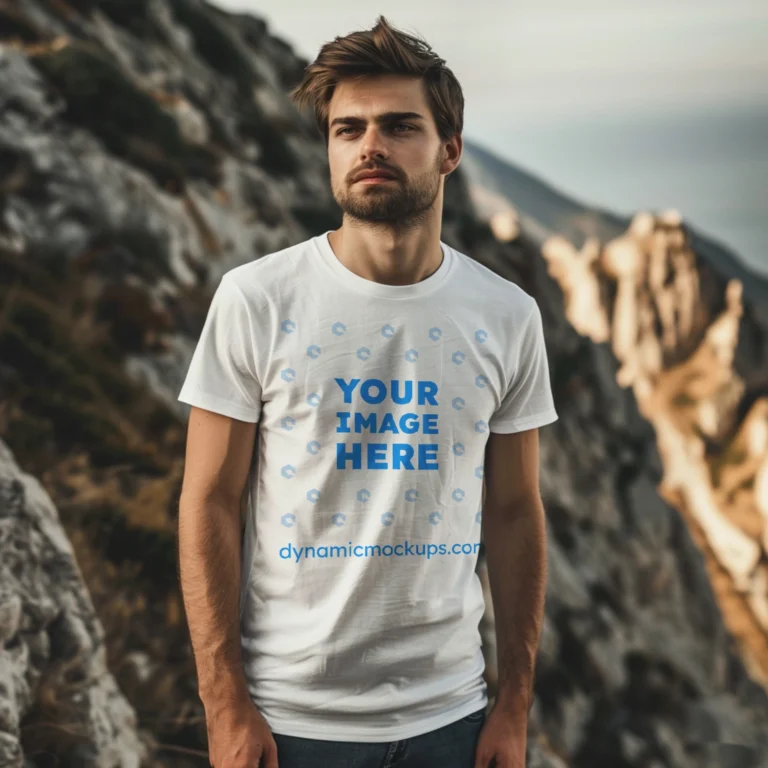 Man Wearing White T-shirt Mockup Front View Template