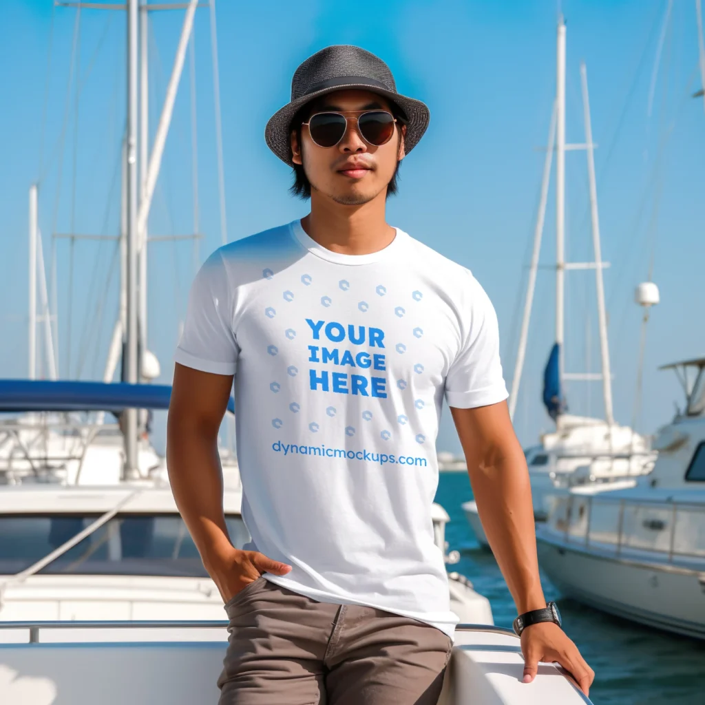 Man Wearing White T-shirt Mockup Front View Template