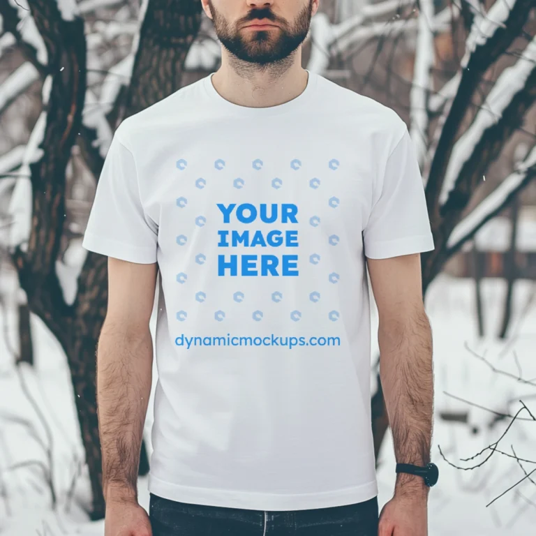 Man Wearing White T-shirt Mockup Front View Template