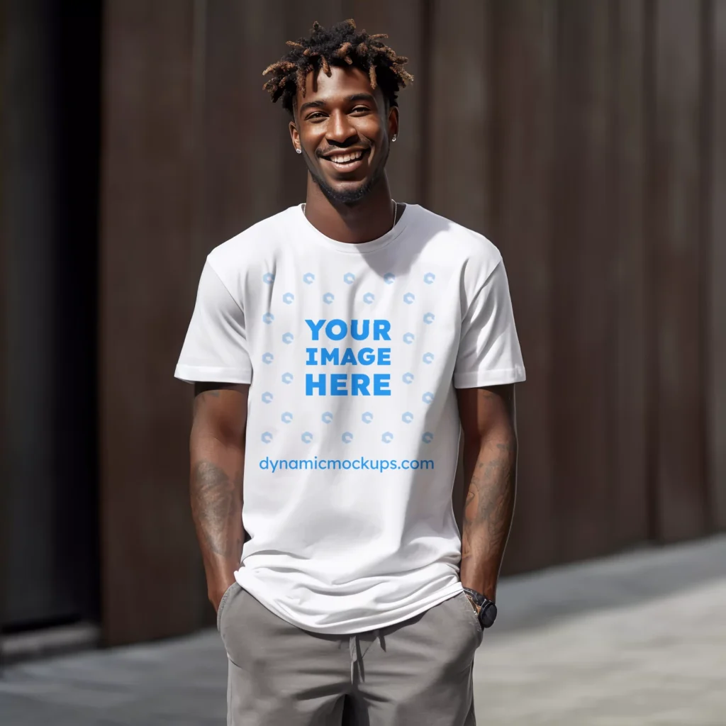 Man Wearing White T-shirt Mockup Front View Template