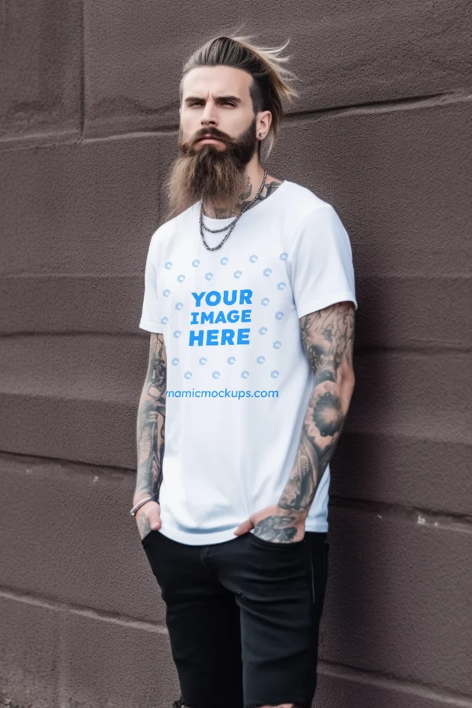 Man Wearing White T-shirt Mockup Front View Template