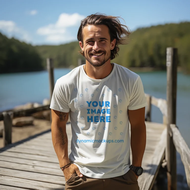 Man Wearing White T-shirt Mockup Front View Template