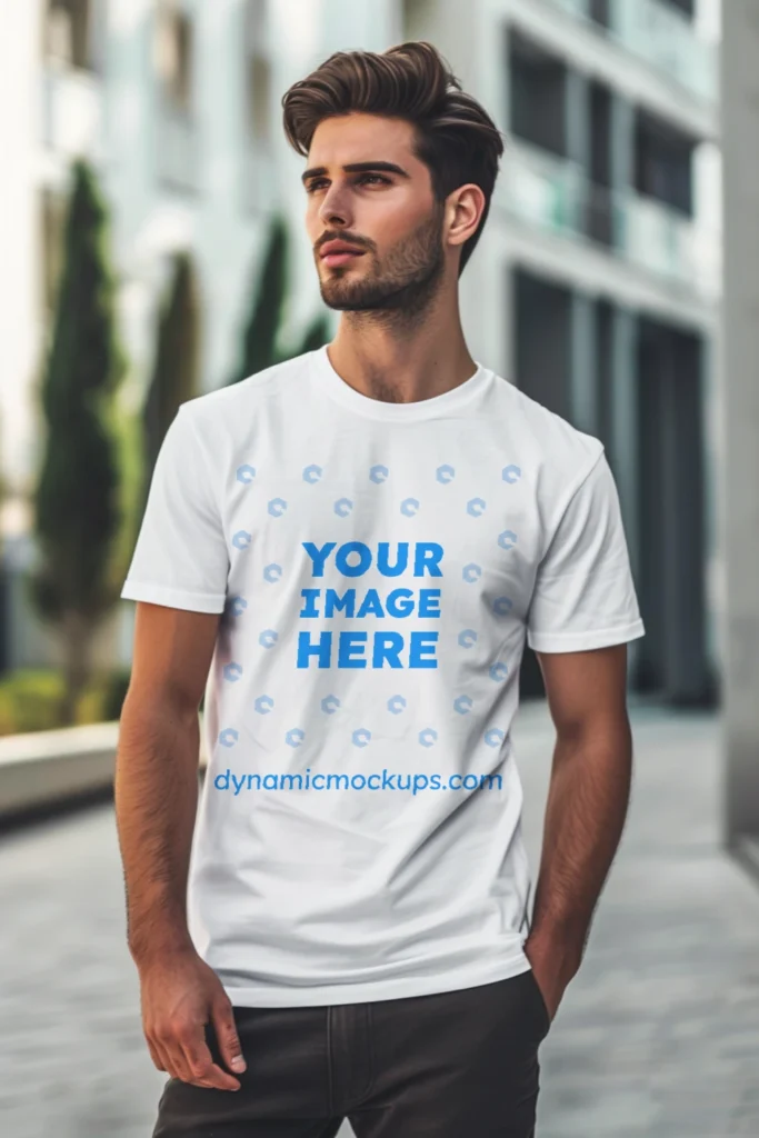 Man Wearing White T-shirt Mockup Front View Template