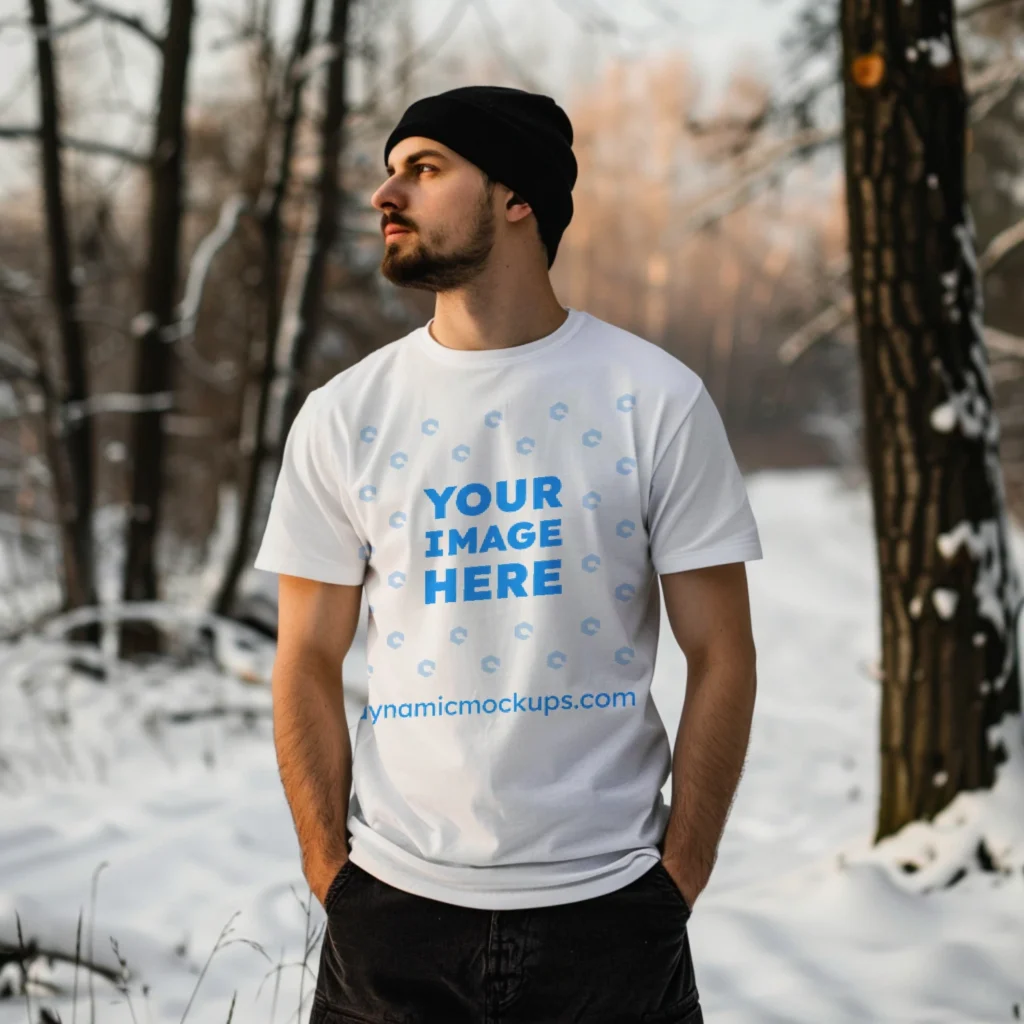 Man Wearing White T-shirt Mockup Front View Template