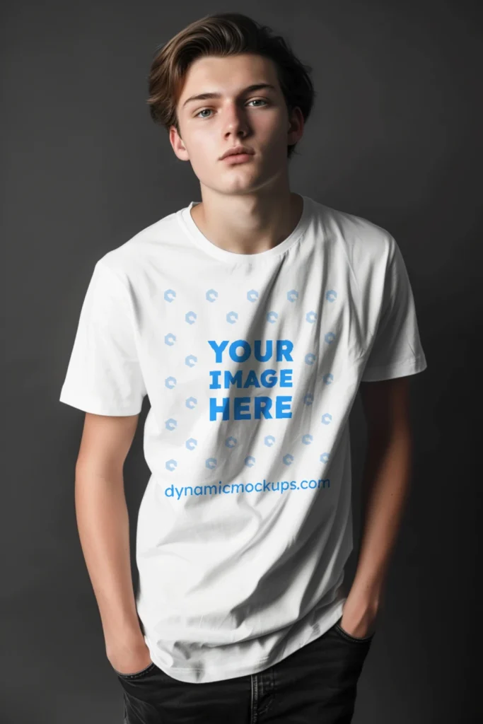 Man Wearing White T-shirt Mockup Front View Template