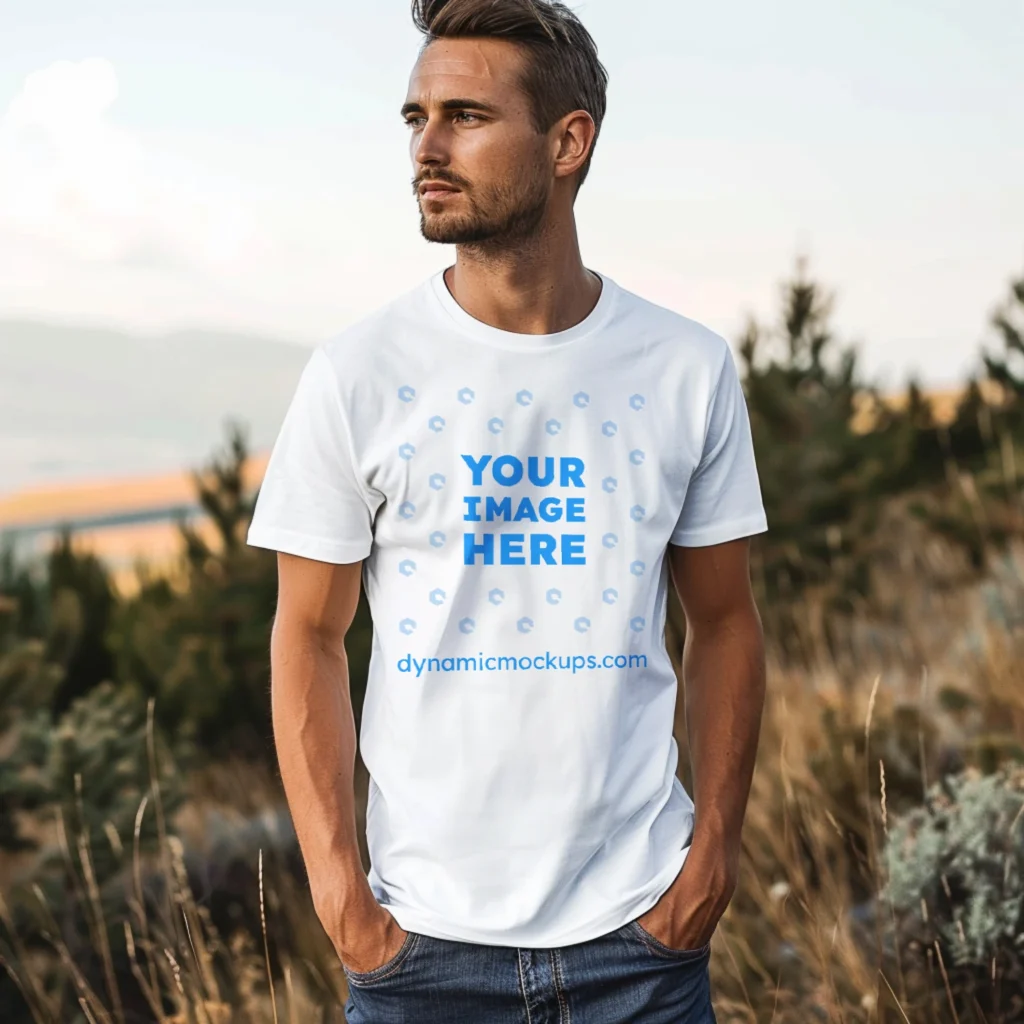 Man Wearing White T-shirt Mockup Front View Template