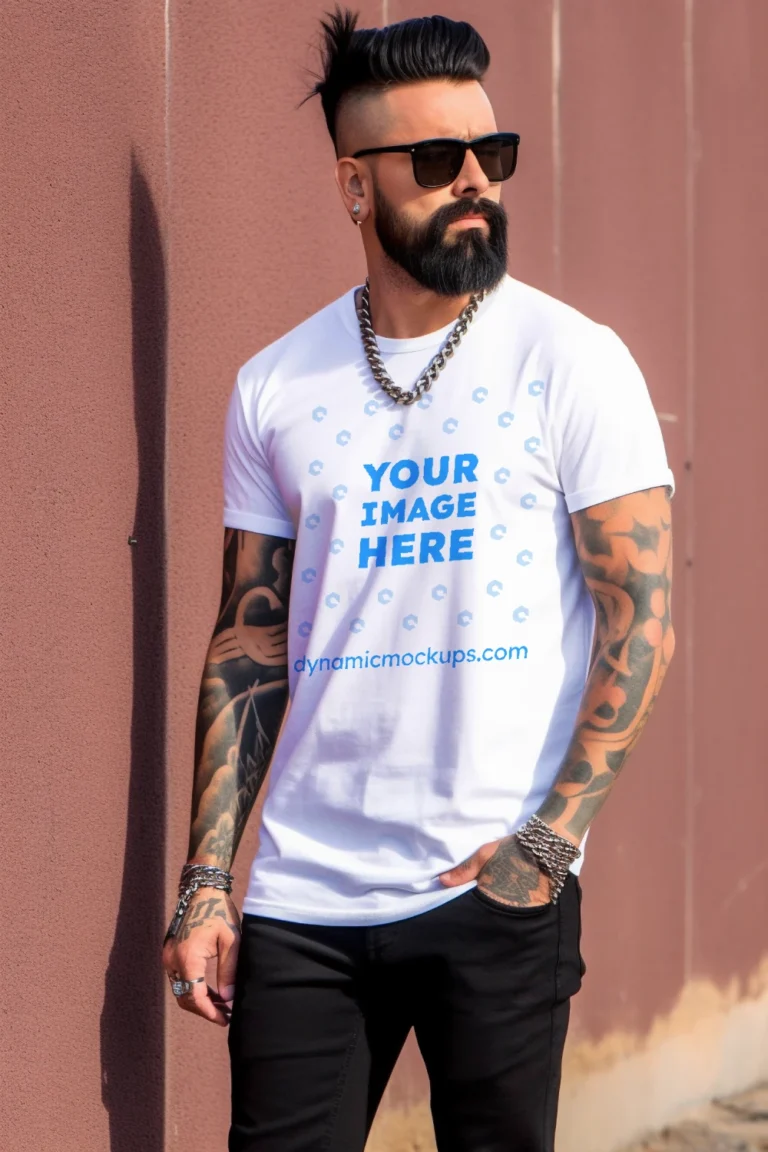 Man Wearing White T-shirt Mockup Front View Template