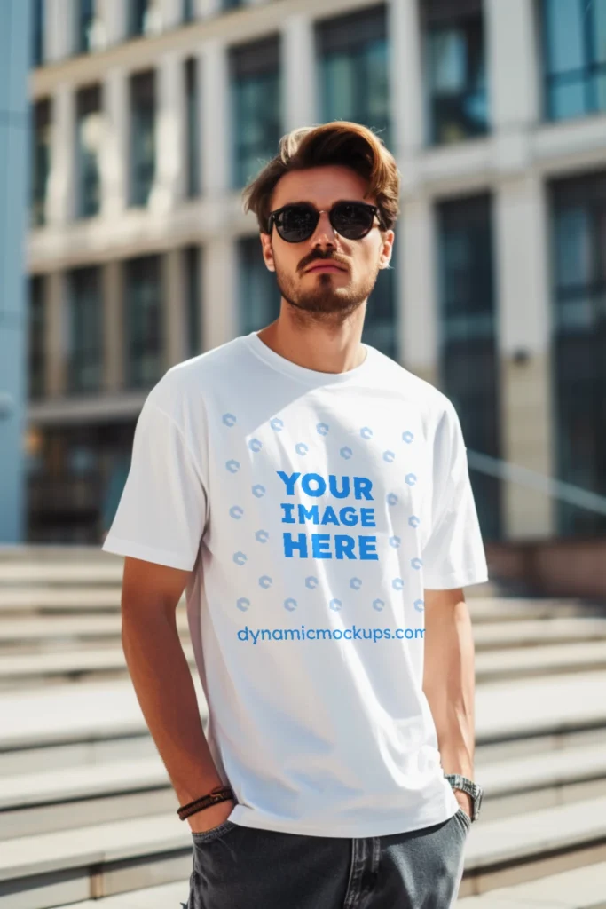 Man Wearing White T-shirt Mockup Front View Template