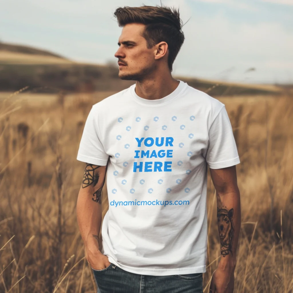 Man Wearing White T-shirt Mockup Front View Template