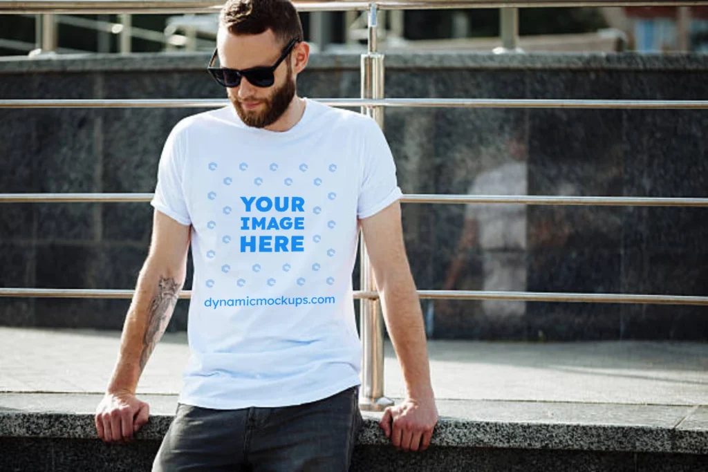 Man Wearing White T-shirt Mockup Front View Template