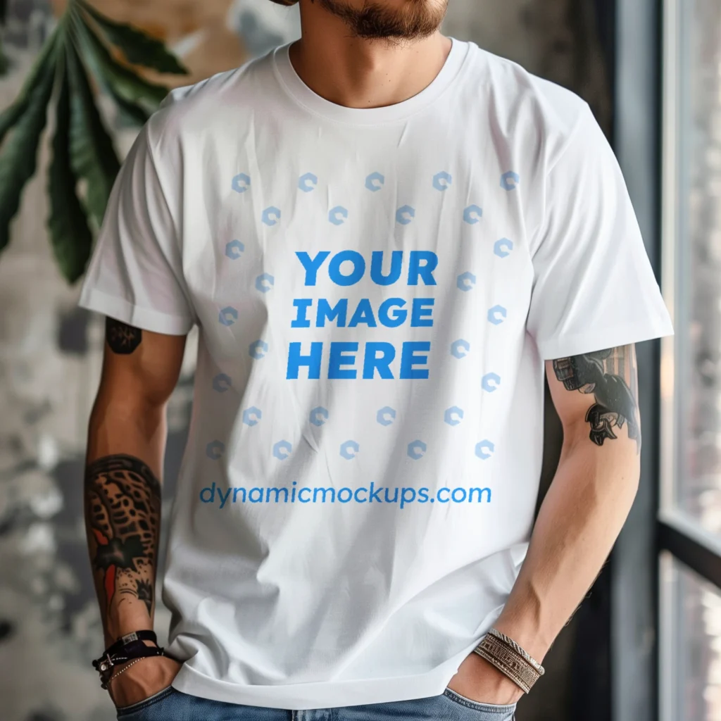 Man Wearing White T-shirt Mockup Front View Template