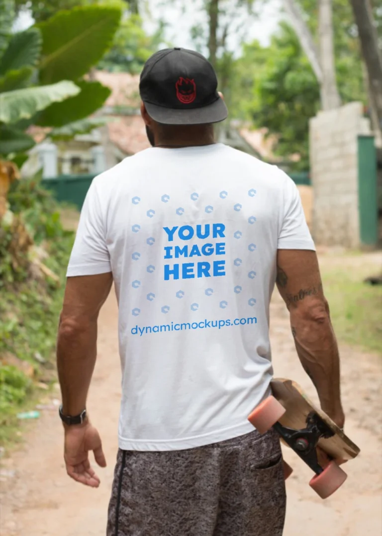 Man Wearing White T-shirt Mockup Back View Template