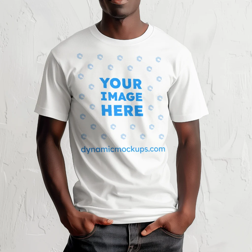 Man Wearing White T-shirt Mockup Front View Template