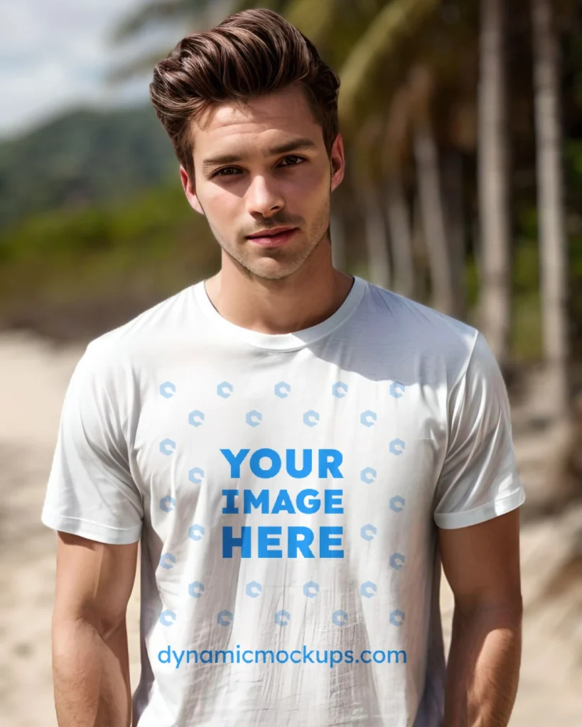 Man Wearing White T-shirt Mockup Front View Template