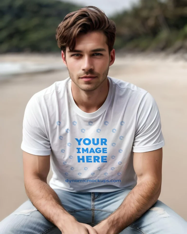 Man Wearing White T-shirt Mockup Front View Template