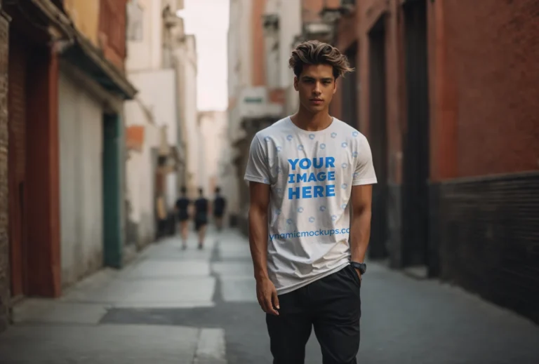 Man Wearing White T-shirt Mockup Front View Template