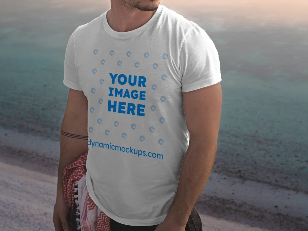 Man Wearing White T-shirt Mockup Front View Template