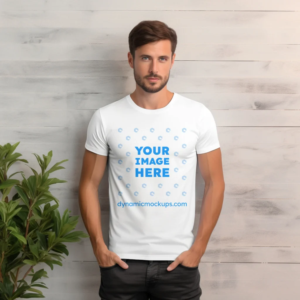 Man Wearing White T-shirt Mockup Front View Template