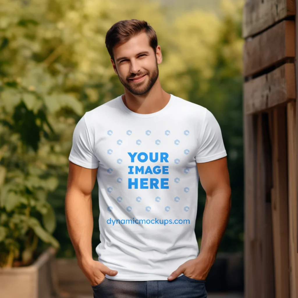 Man Wearing White T-shirt Mockup Front View Template