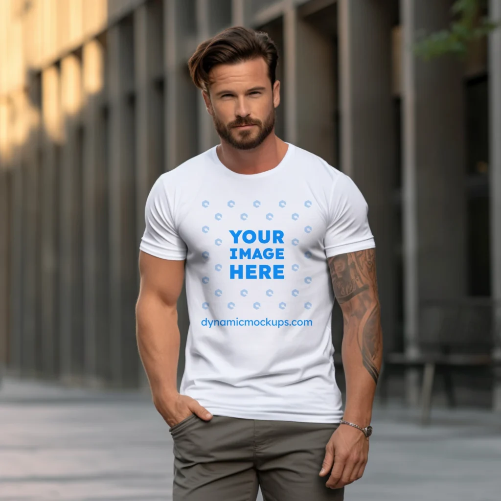 Man Wearing White T-shirt Mockup Front View Template