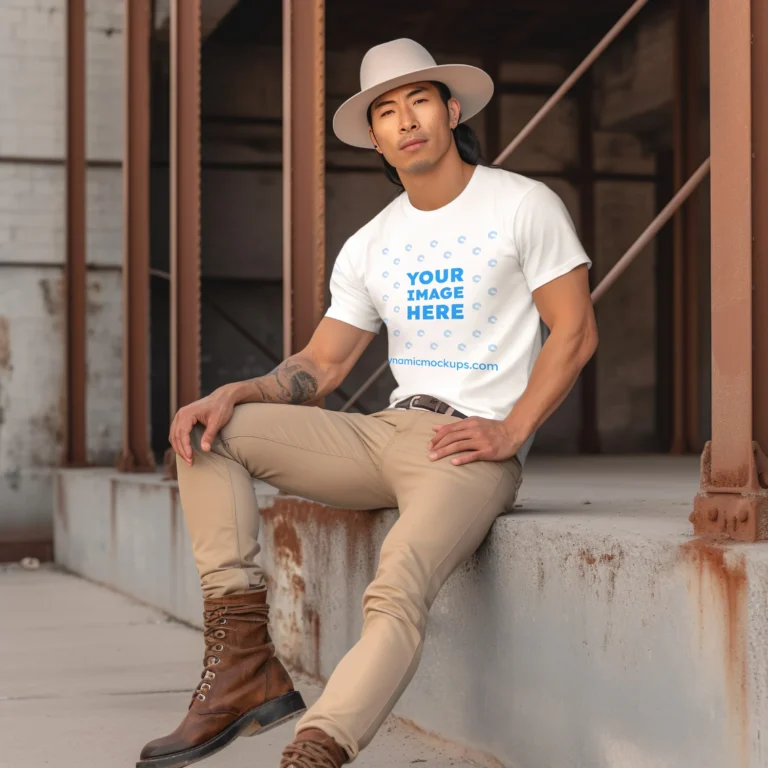 Man Wearing White T-shirt Mockup Front View Template