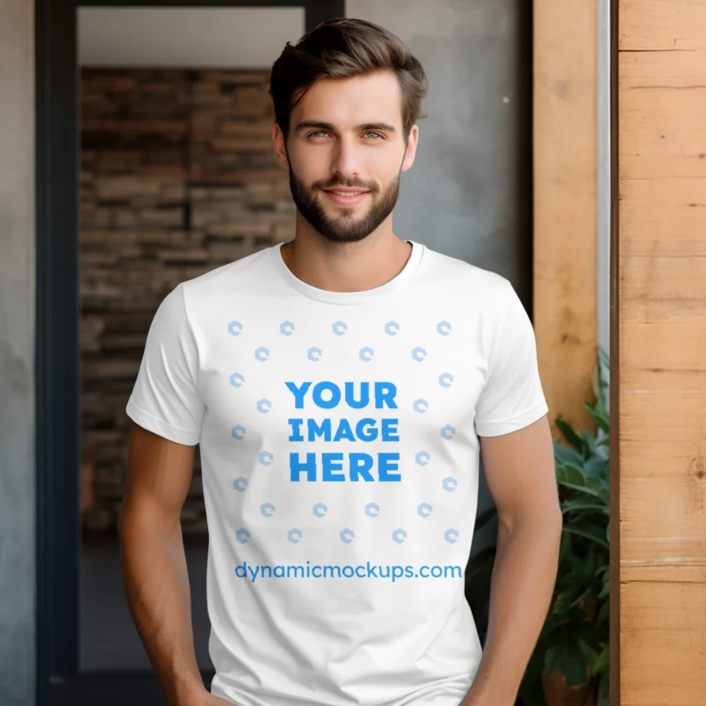 Man Wearing White T-shirt Mockup Front View Template