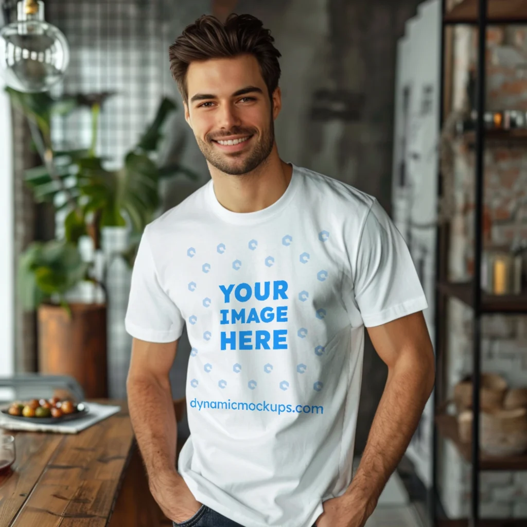 Man Wearing White T-shirt Mockup Front View Template