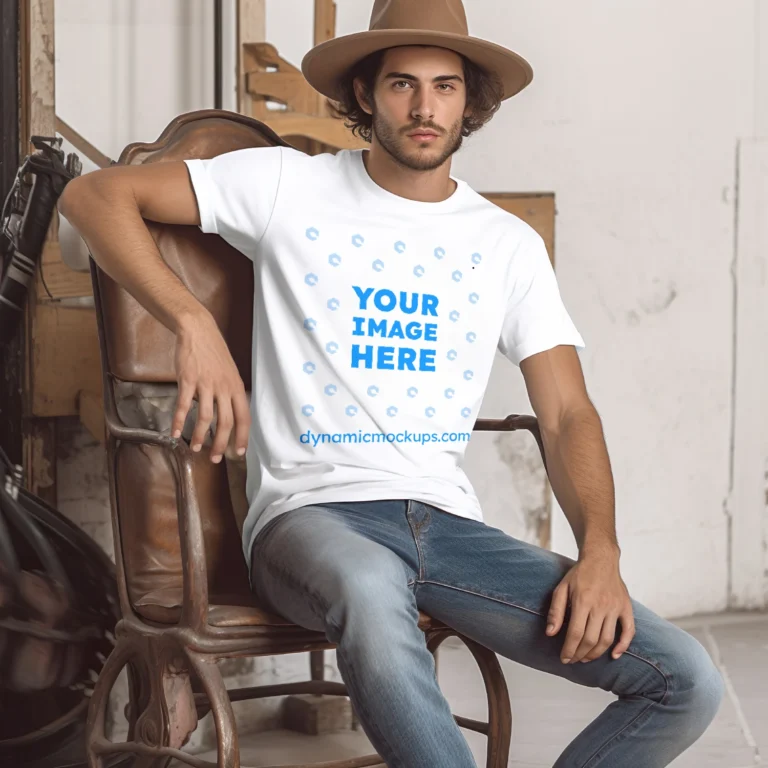 Man Wearing White T-shirt Mockup Front View Template