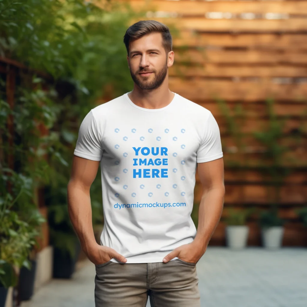 Man Wearing White T-shirt Mockup Front View Template