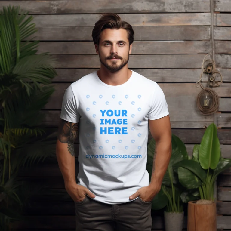 Man Wearing White T-shirt Mockup Front View Template