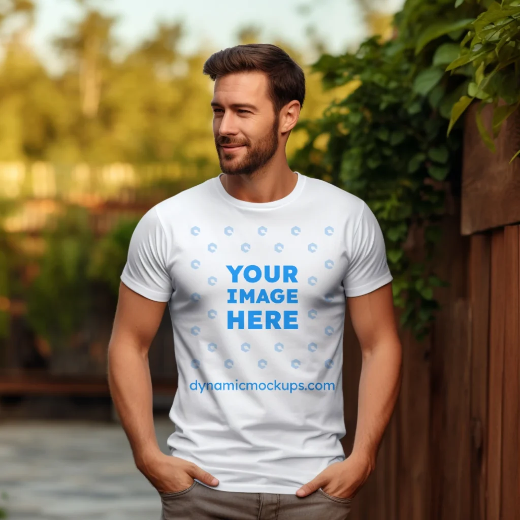 Man Wearing White T-shirt Mockup Front View Template