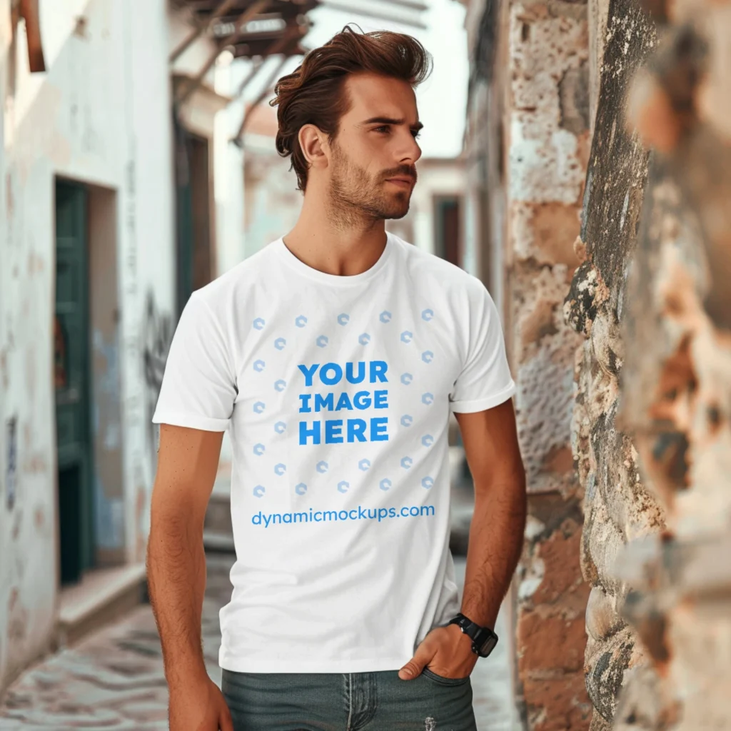 Man Wearing White T-shirt Mockup Front View Template