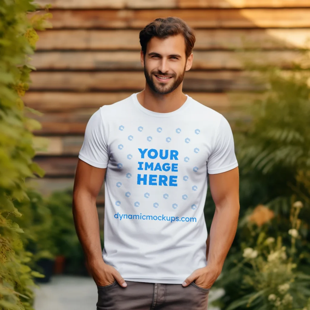 Man Wearing White T-shirt Mockup Front View Template