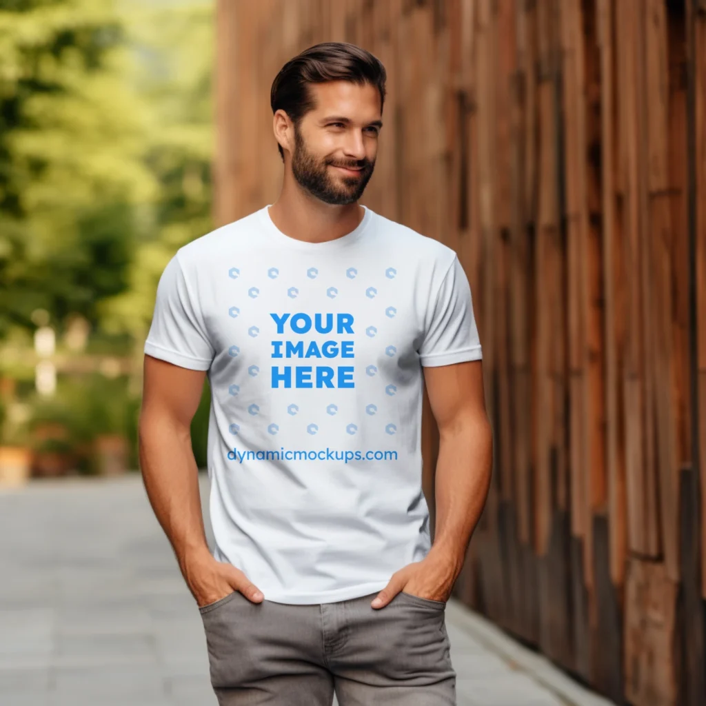 Man Wearing White T-shirt Mockup Front View Template