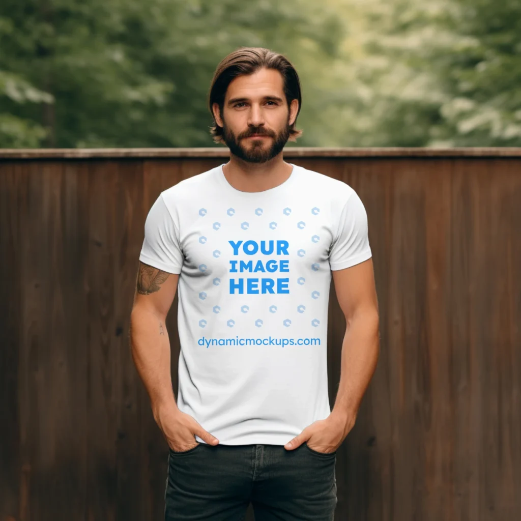 Man Wearing White T-shirt Mockup Front View Template