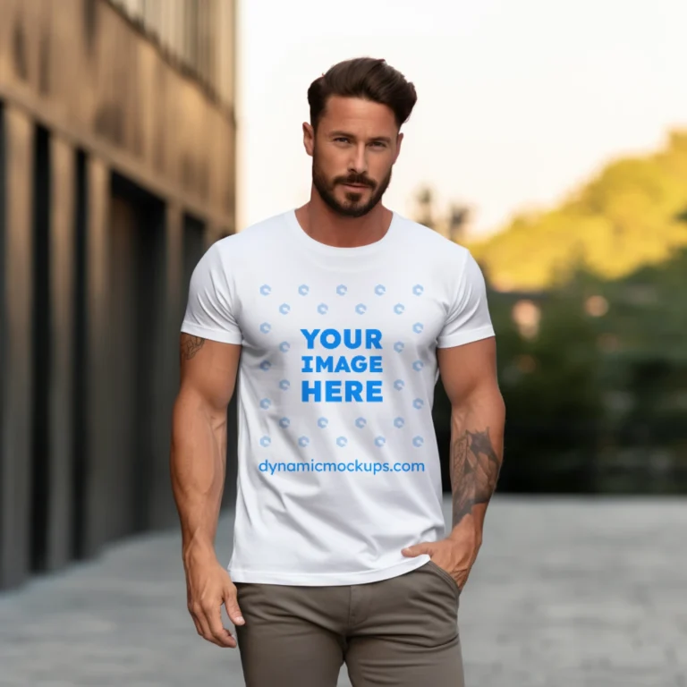 Man Wearing White T-shirt Mockup Front View Template