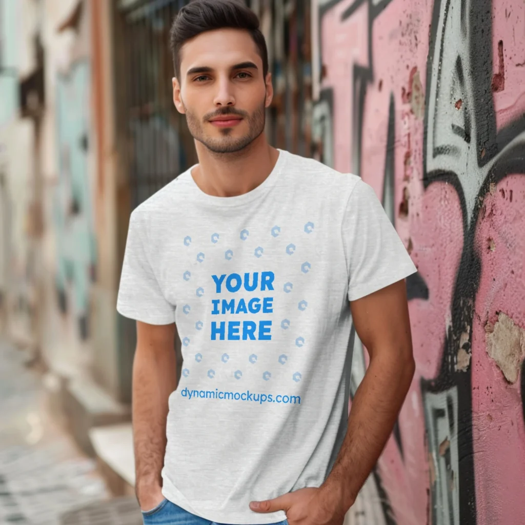 Man Wearing White T-shirt Mockup Front View Template