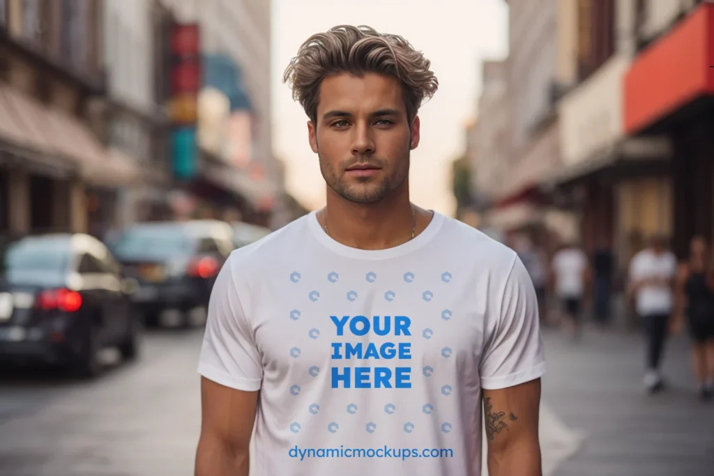 Man Wearing White T-shirt Mockup Front View Template