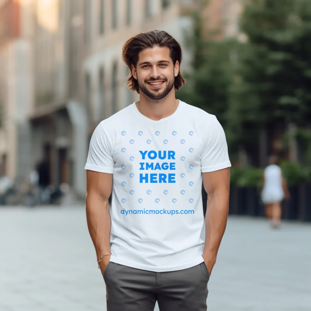 Man Wearing White T-shirt Mockup Front View Template