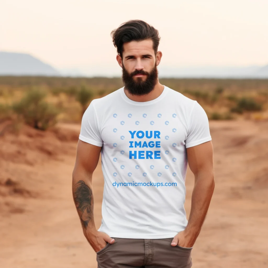 Man Wearing White T-shirt Mockup Front View Template